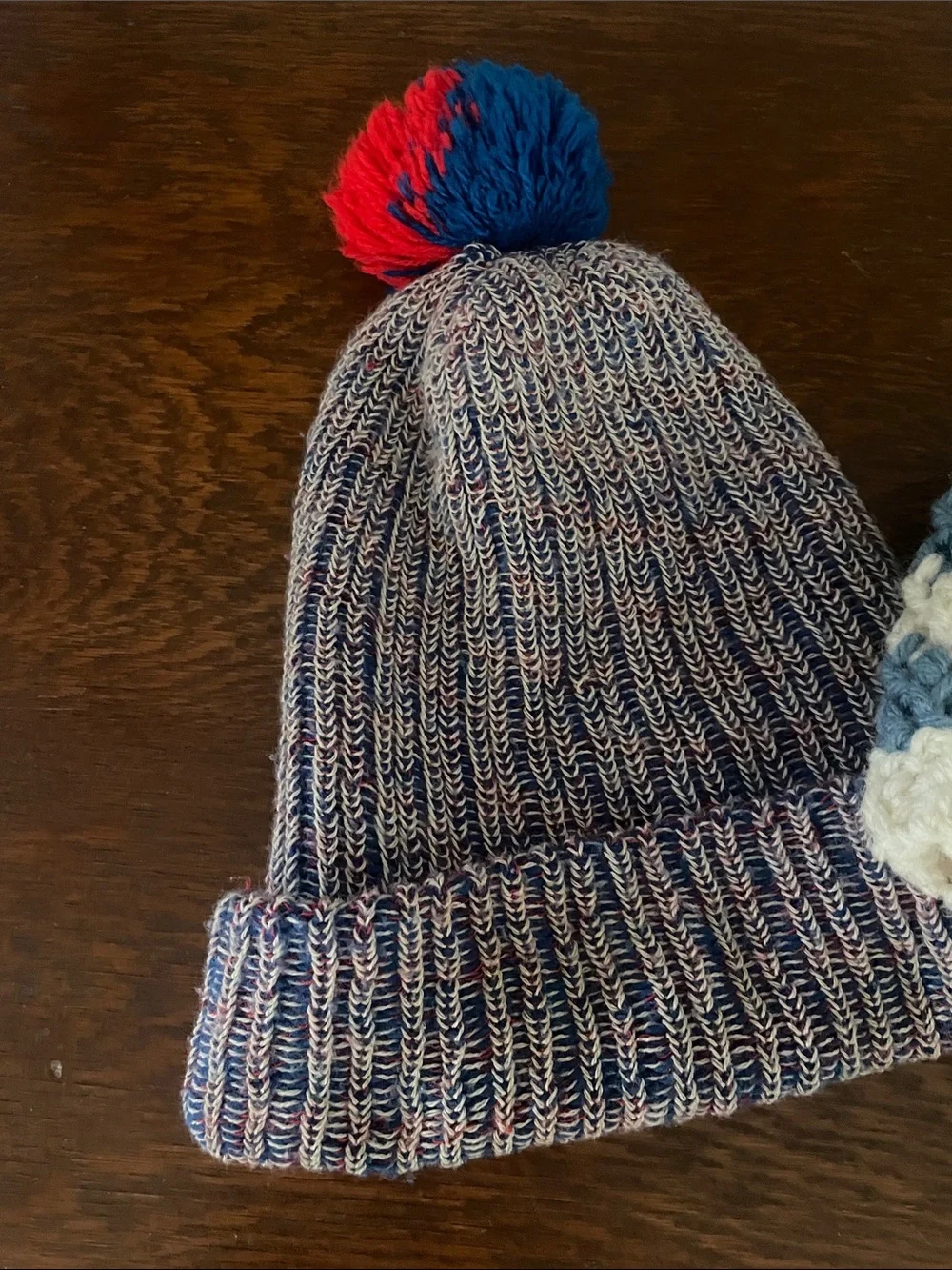 Kids Knit Pom Beanie and Striped Crochet Hat Set - Blue & White